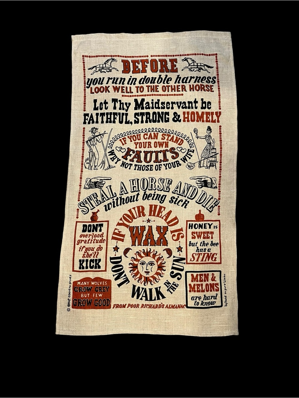VTG Poor Richard’s Almanac Pure Linen Tea Towel Satirical Folksy Ben Franklin